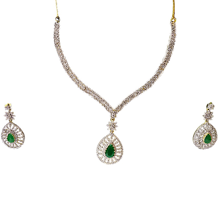 ARU AMERICAN DIAMOND STUDDED NECKLACE SET WITH GREEN  STONE