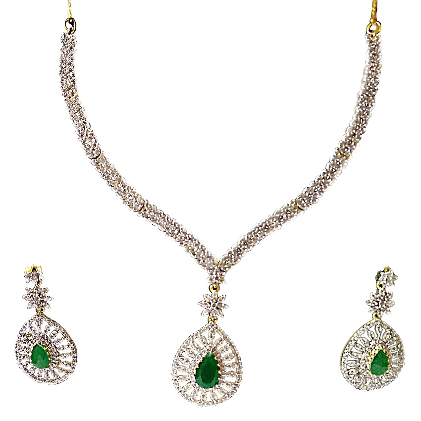 ARU AMERICAN DIAMOND STUDDED NECKLACE SET WITH GREEN  STONE
